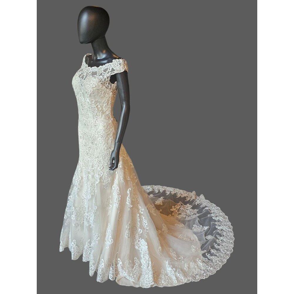 Ivory/Champagne Off Shoulder Fit and Flare Sparkle Illusion Wedding Gown - Picture 3 of 8